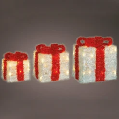 EMINZA Lot de 3 cadeaux lumineux à piles 65 LED (H30 cm) Ruban Rouge et Blanc chaud Discount