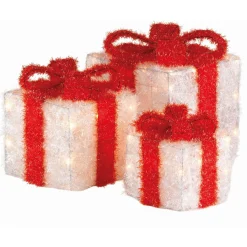 EMINZA Lot de 3 cadeaux lumineux à piles 65 LED (H30 cm) Ruban Rouge et Blanc chaud Discount