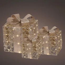 EMINZA Lot de 3 cadeaux lumineux à piles 30 LED (H30 cm) Féerie et Blanc chaud Or