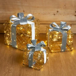 EMINZA Lot de 3 cadeaux lumineux à piles 90 LED (H29 cm) Festif et blanc chaud Or Clearance