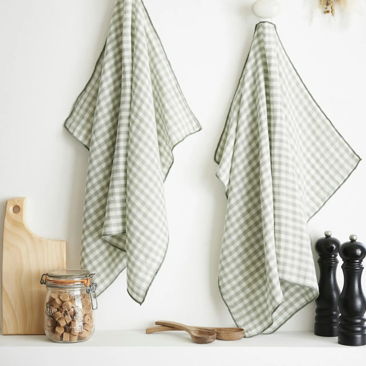 EMINZA Lot de 2 essuie-main gaze de coton (50 x 70 cm) Gaïa vichy Vert Eucalyptus Hot