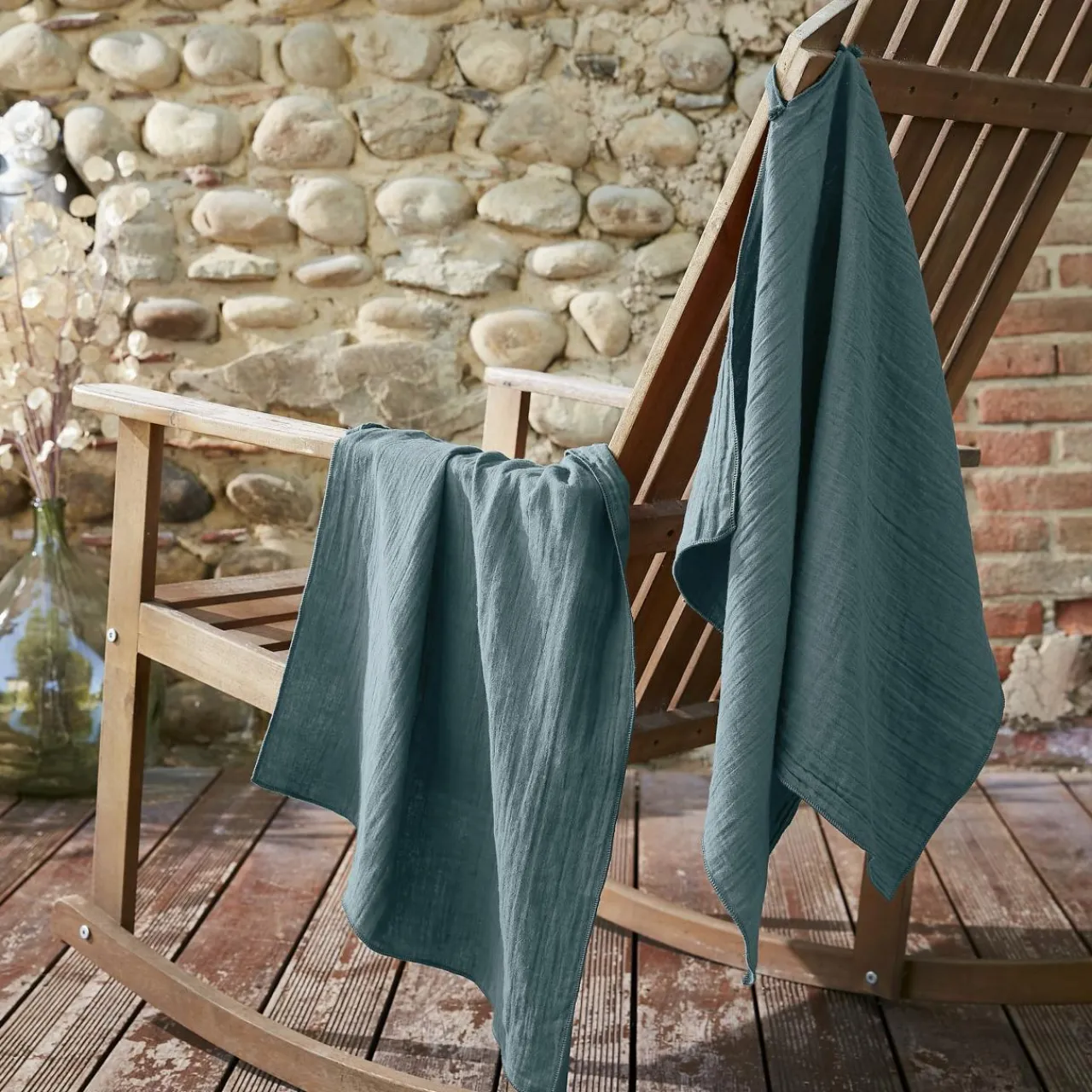 EMINZA Lot de 2 essuie-mains gaze de coton (70 cm) Gaïa Bleu canard Best