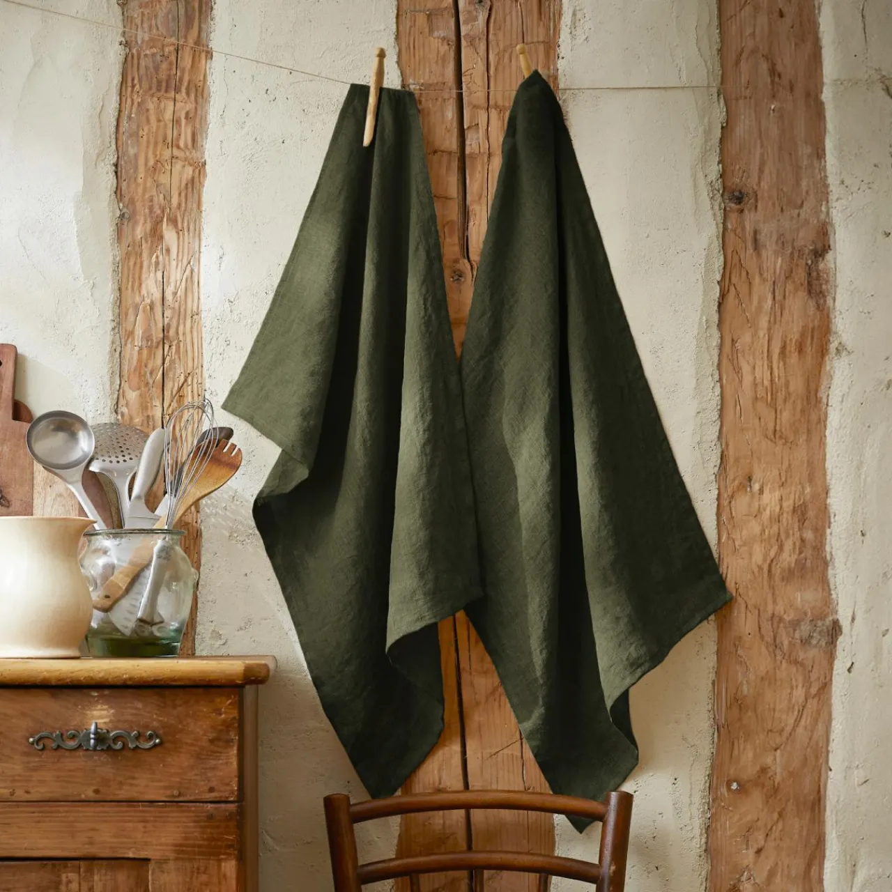 EMINZA Lot de 2 essuie-mains lin lavé (50 x 70 cm) Louise Vert romarin Outlet