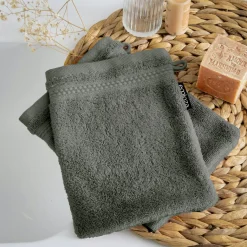 EMINZA Lot de 2 gants de toilette coton bio (15 x 21 cm) Méline Vert romarin Discount