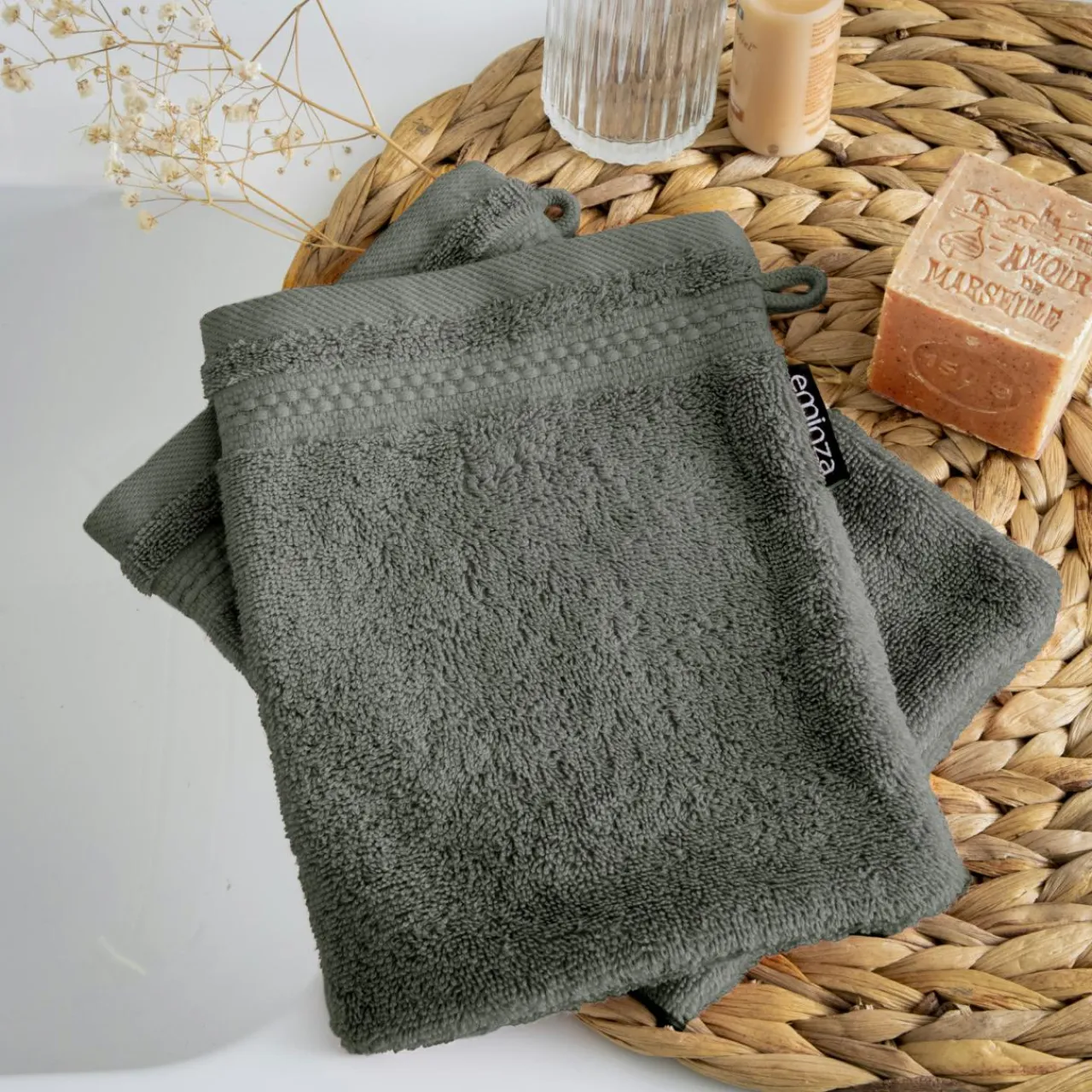 EMINZA Lot de 2 gants de toilette coton bio (15 x 21 cm) Méline Vert romarin Discount