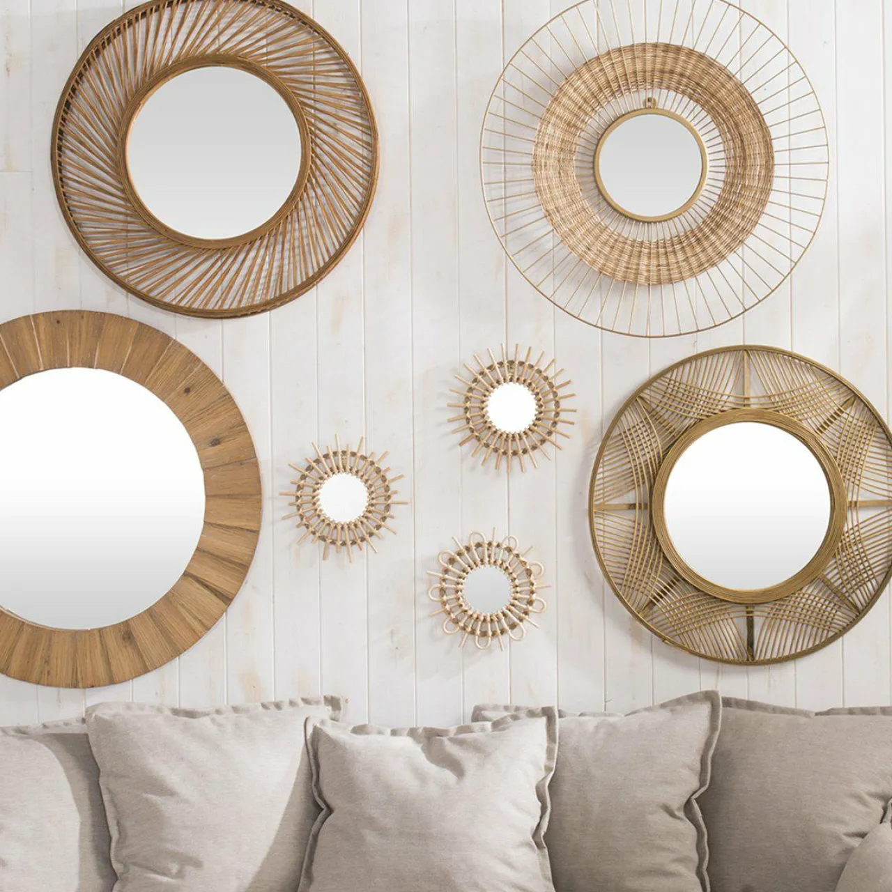 ATMOSPHERA Lot de 3 miroirs (D28 cm) Soleil Rotin Naturel Sale