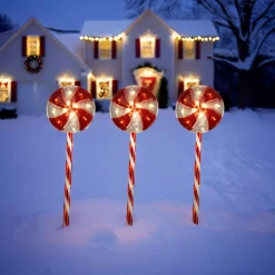 KOOPMAN Lot de 3 piquets lumineux à piles 60 LED (H62 cm) Sucettes Candy Rouge Sale