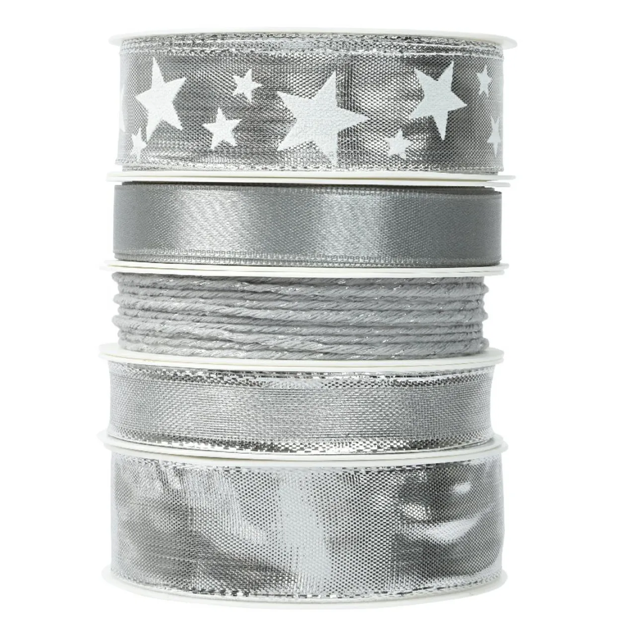 KAEMINGK Lot de 5 rubans de Noël 3 m - Satin et étoiles Argent métalisé Gris Discount
