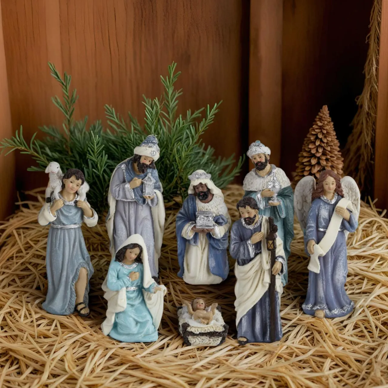 KAEMINGK Lot de 8 santons (Hauteur 15 cm) de Clémence Bleu Sale
