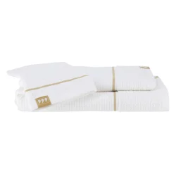 TENDANCE Lot de serviettes de bain 50x90 cm + 70x130 cm + 1 gant de toilette Japandi et or Blanc Hot