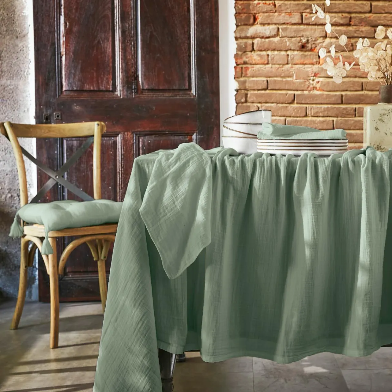 EMINZA Lot de 3 serviettes gaze de coton (40 x 40 cm) Gaïa Vert Eucalyptus New
