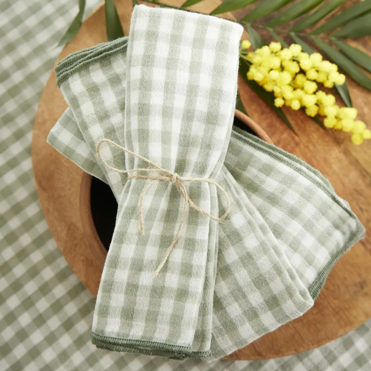 EMINZA Lot de 3 serviettes gaze de coton (40 x 40 cm) Gaïa vichy Vert Eucalyptus New