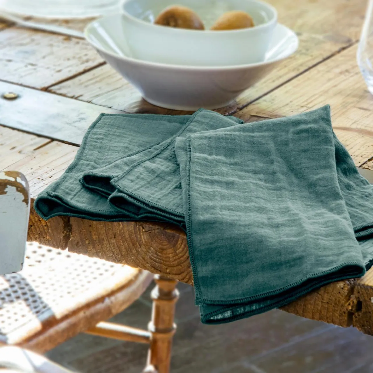EMINZA Lot de 3 serviettes gaze de coton (40 x 40 cm) Gaïa Bleu canard Sale