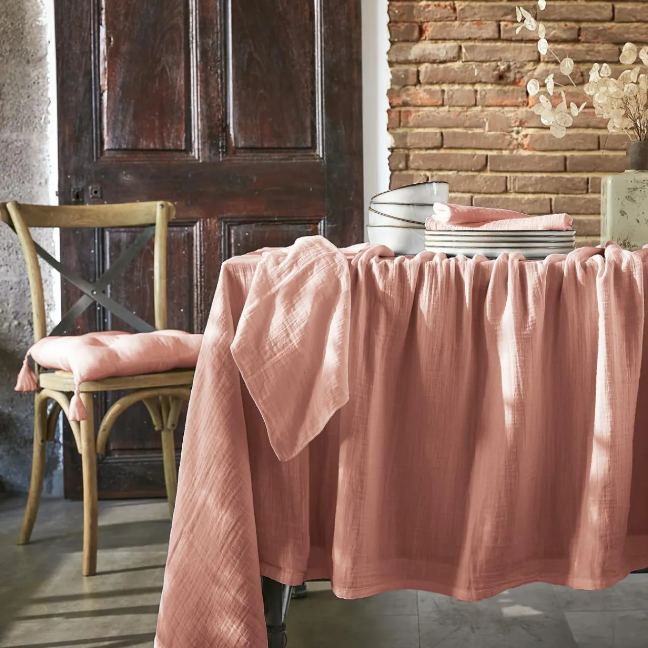 EMINZA Lot de 3 serviettes gaze de coton (40 x 40 cm) Gaïa Rose Pêche Outlet