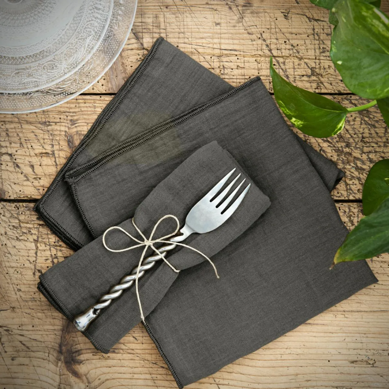 EMINZA Lot de 3 serviettes gaze de coton (40 x 40 cm) Gaïa Gris granit Gris foncé Outlet
