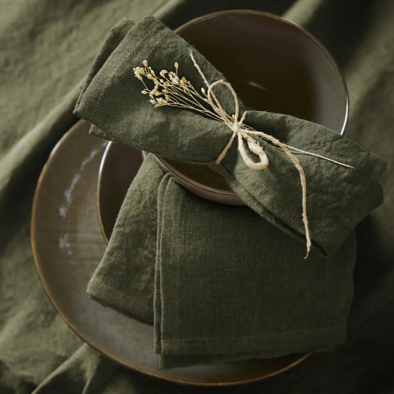 EMINZA Lot de 3 serviettes lin lavé (40 x 40 cm) Louise Vert romarin New
