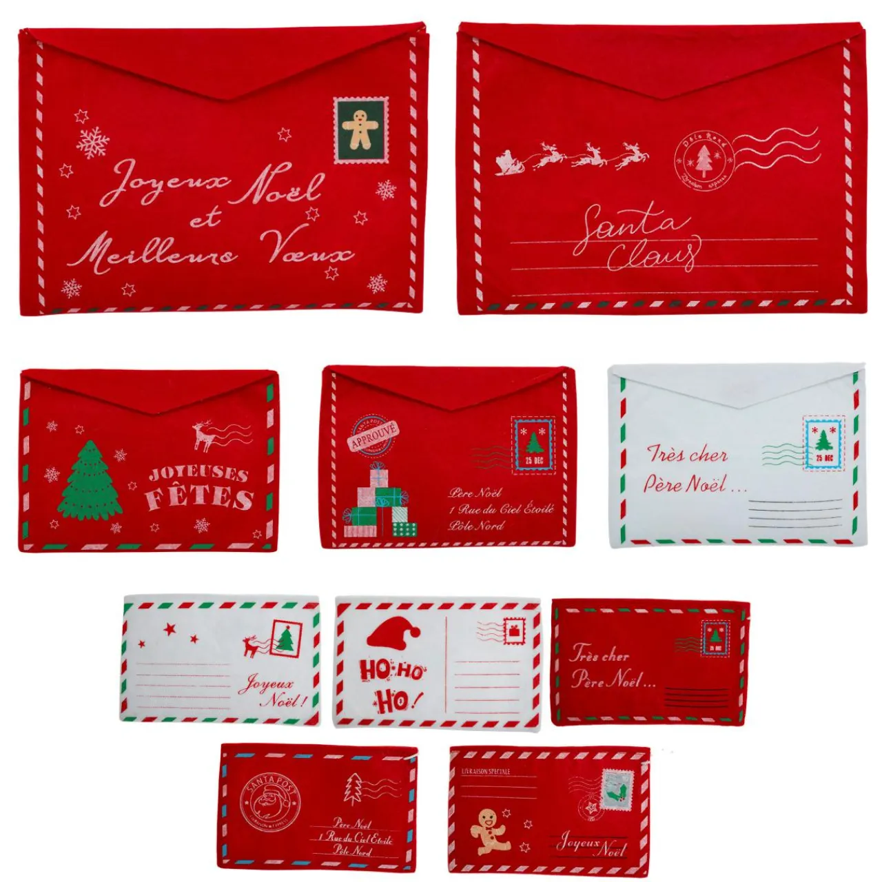 JJA Lot de 10 suspensions de Noël en feutrine assorties Enveloppes et blanc Rouge Discount