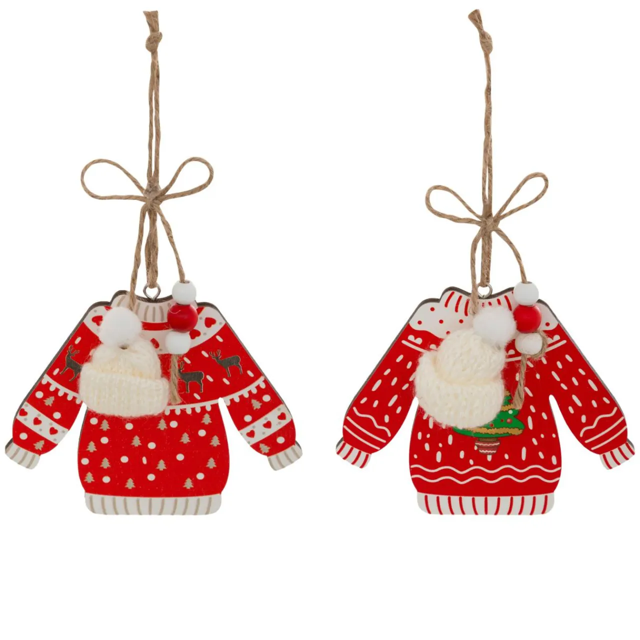 JJA Lot de 2 suspensions en bois (H12 cm) Pull de Noël et blanc Rouge Hot
