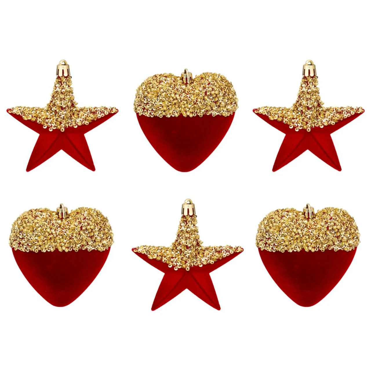 JJA Lot de 6 suspensions (H15 cm) Cœurs et étoiles paillettes Rouge et Or Online