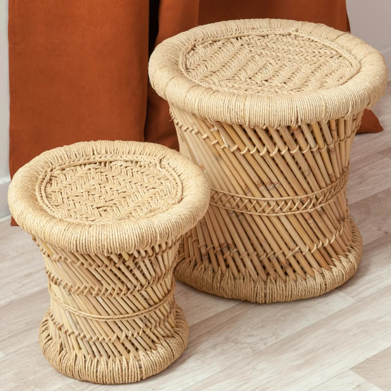 ATMOSPHERA Lot de 2 tables d'appoint (H38-H30 cm) Corde naturelle Beige New