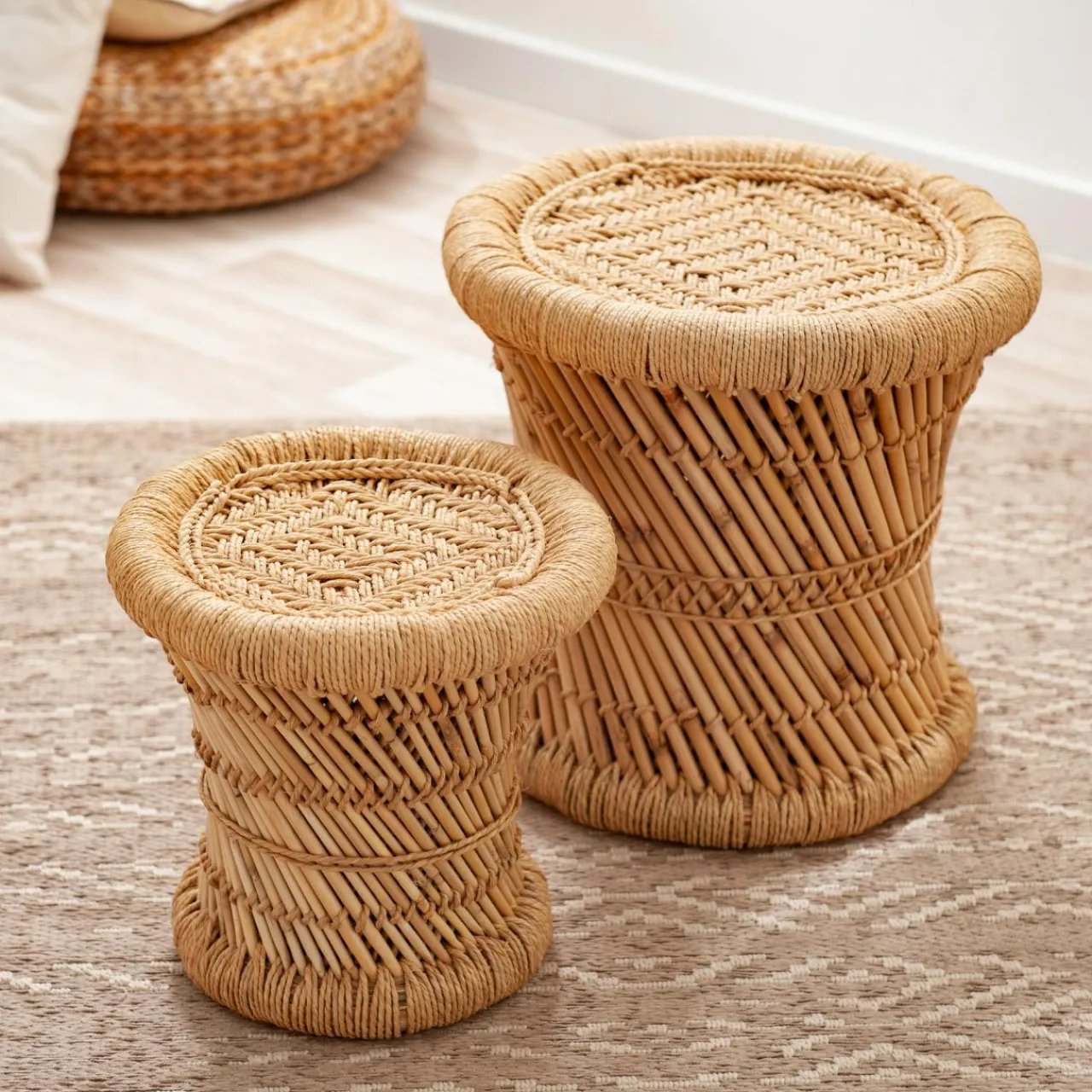 ATMOSPHERA Lot de 2 tables d'appoint (H38-H30 cm) Corde naturelle Beige New