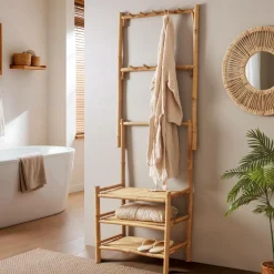 EMINZA Meuble de rangement dressing avec crochets en bambou (70 x H190 cm) Hanoï Naturel