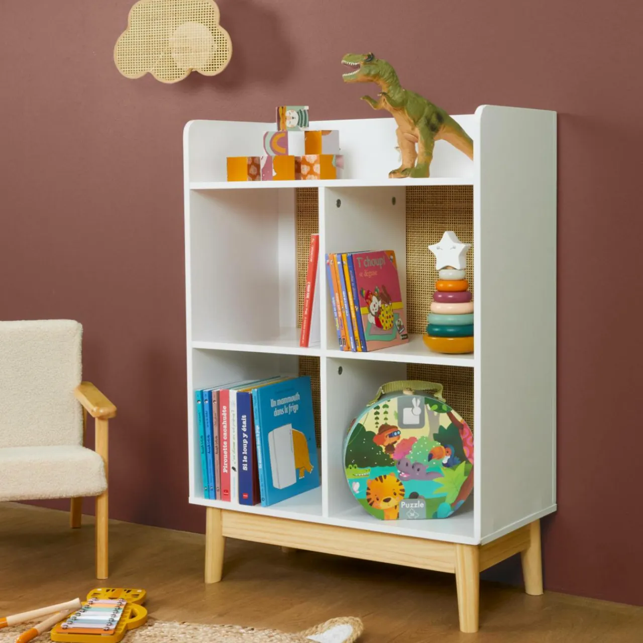 EMINZA Meuble de rangement enfant bois 4 niches (H86 cm) Stars Blanc Clearance