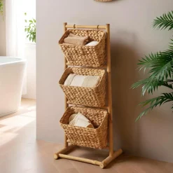 TENDANCE Meuble incliné 3 paniers bambou et jacinthe d'eau (40 x H92 cm) Hanoï Naturel Clearance