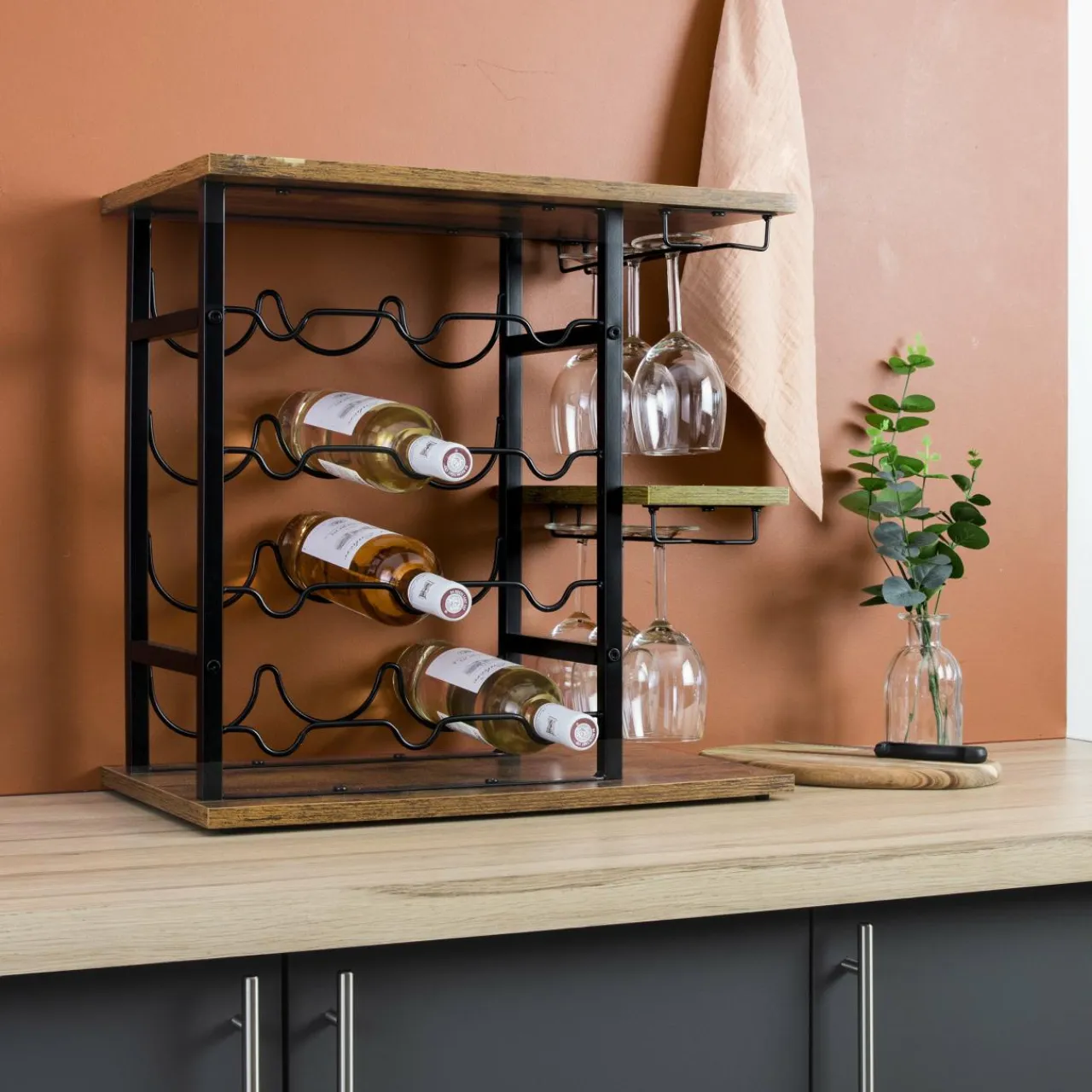 EMINZA Meuble range-bouteilles industriel 12 emplacements et porte-verres (H50 cm) Arthur Noir Hot