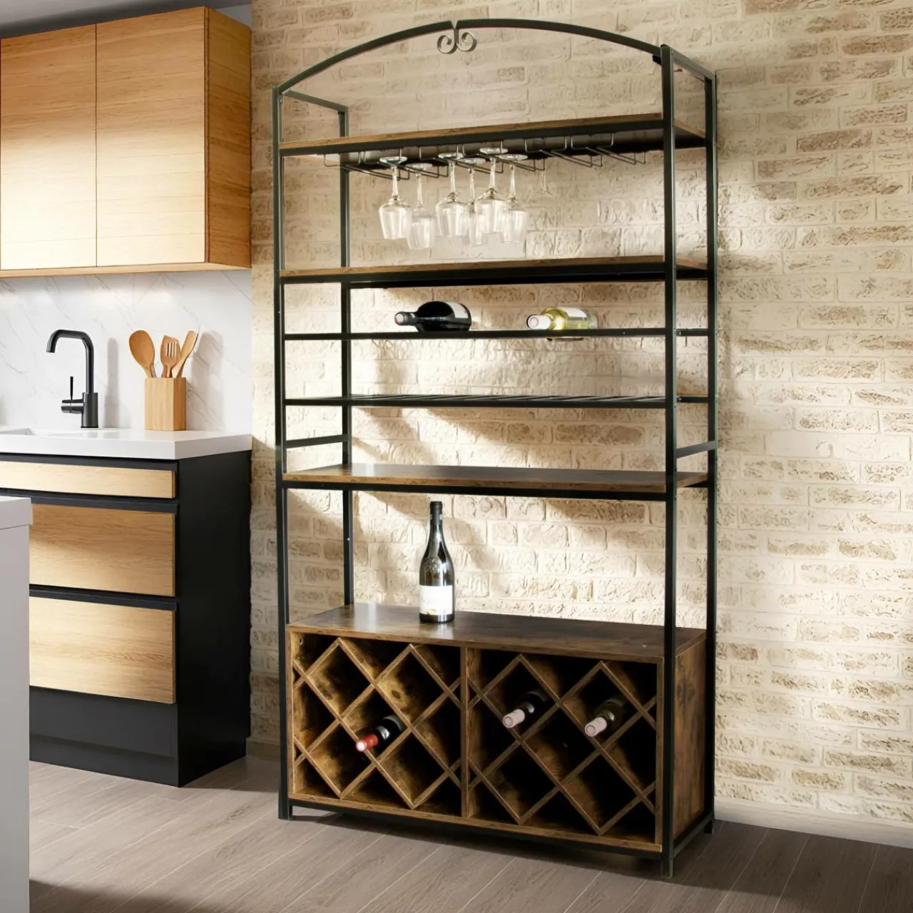 EMINZA Meuble range-bouteilles industriel 32 emplacements et porte-verres (H180 cm) Marceau Marron Best