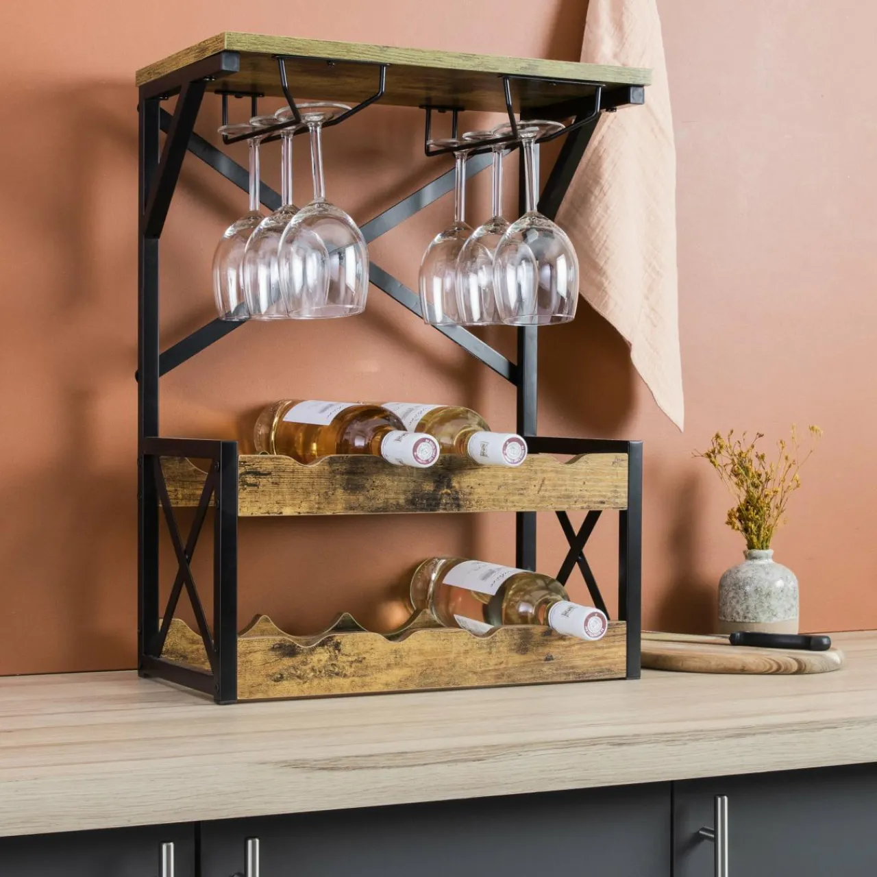 EMINZA Meuble range-bouteilles industriel 8 emplacements et porte-verres (H56 cm) Tiago Noir Hot
