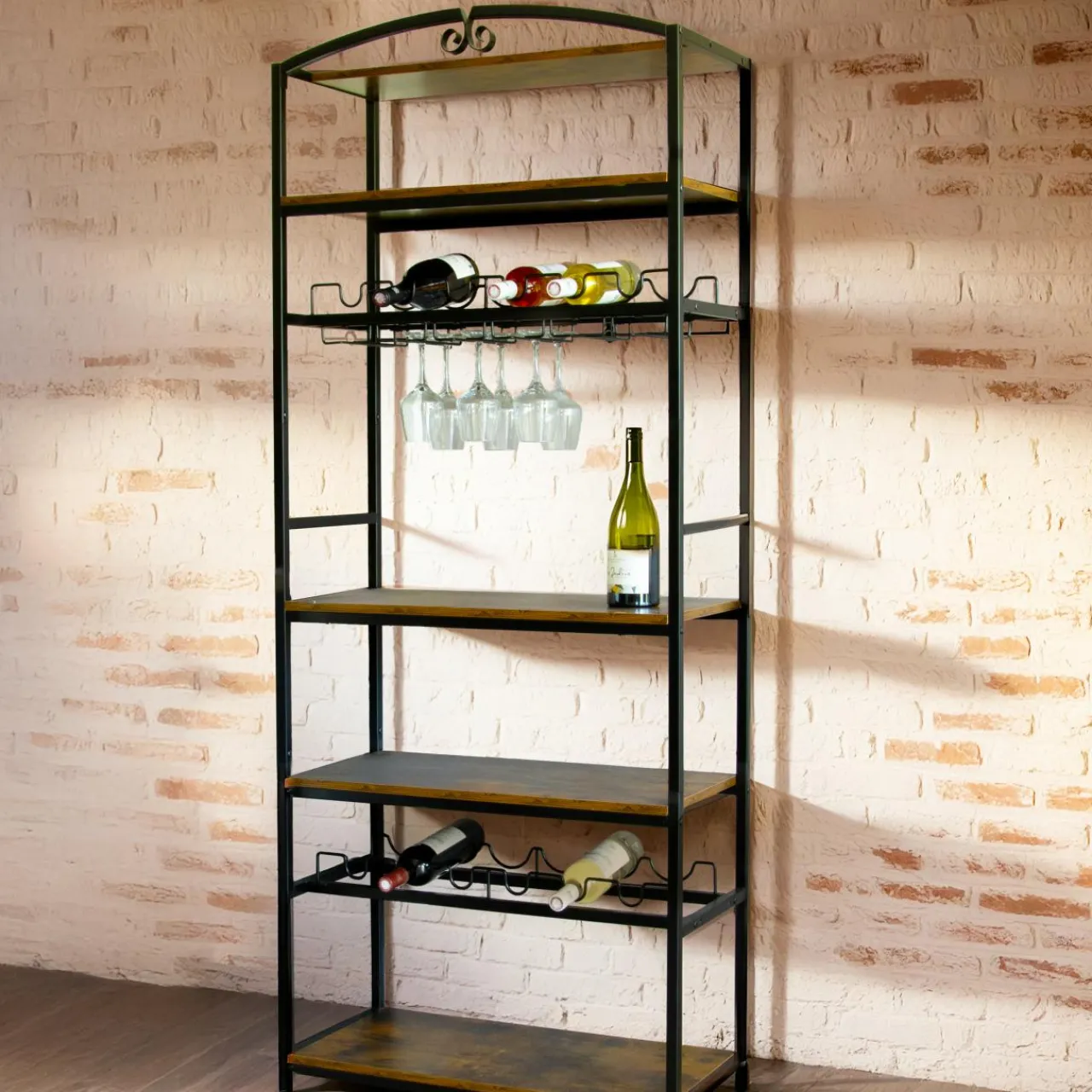 EMINZA Meuble range-bouteilles industriel 12 emplacements et porte-verres (H180 cm) Pablo Marron Discount