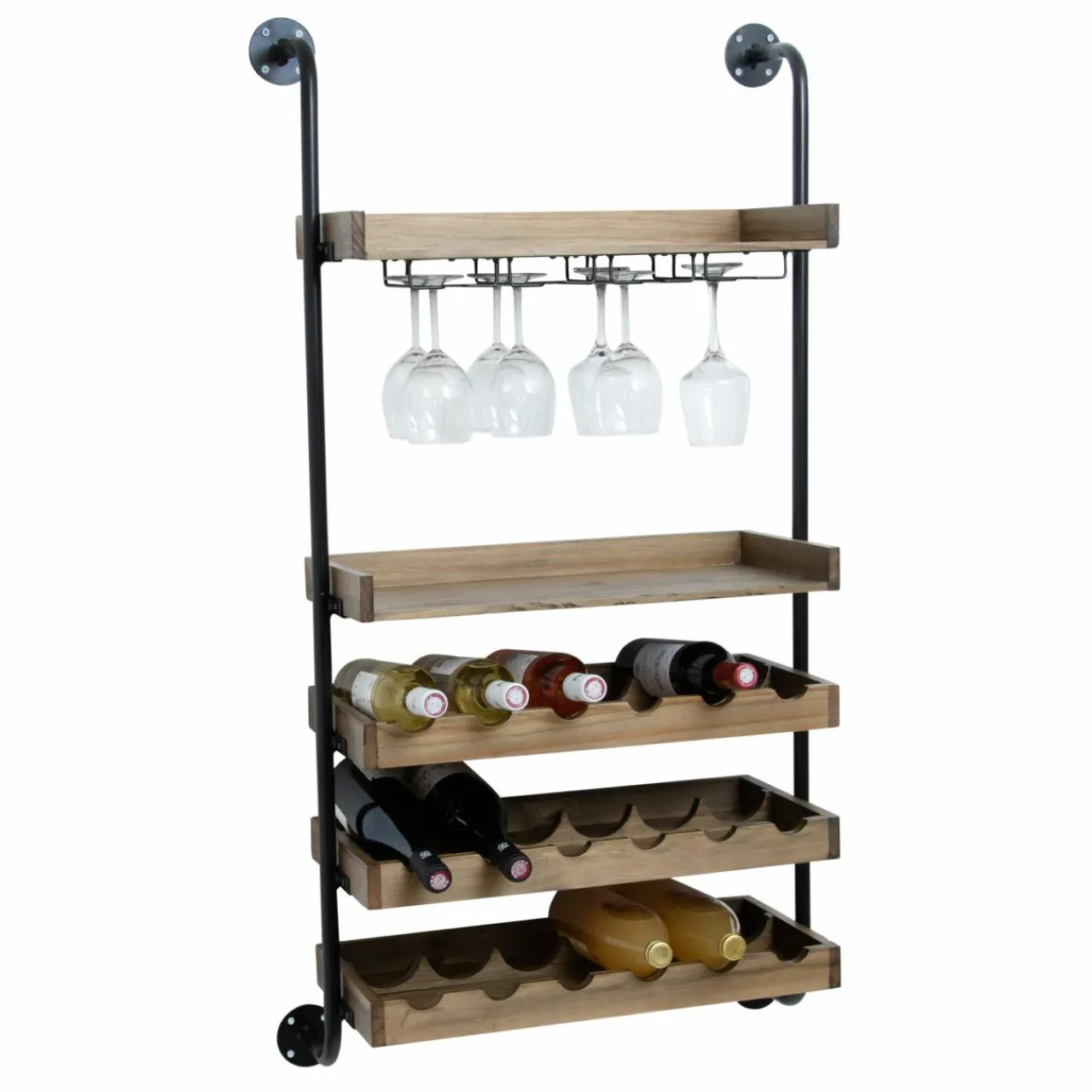 EMINZA Meuble range-bouteilles mural et métal 18 emplacements et porte-verres (H120 cm) Isaac Marron Bois Clearance