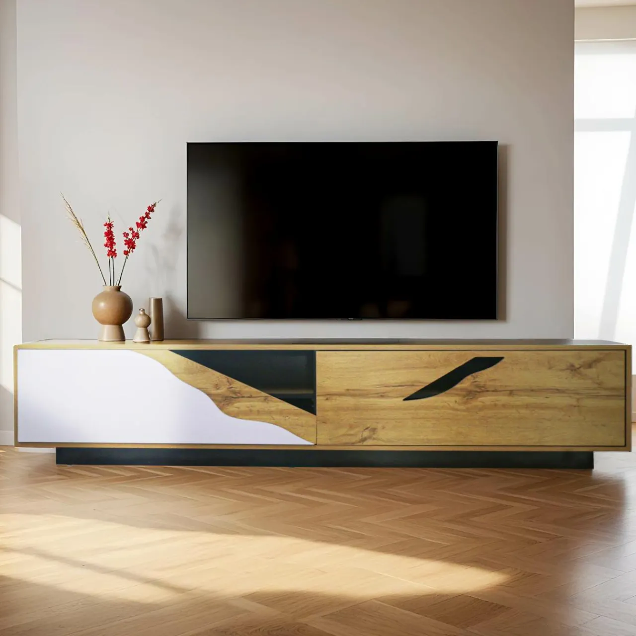 EMINZA Meuble TV en design (L180 x 40 cm) Florida Blanc, noir et naturel Bois Discount