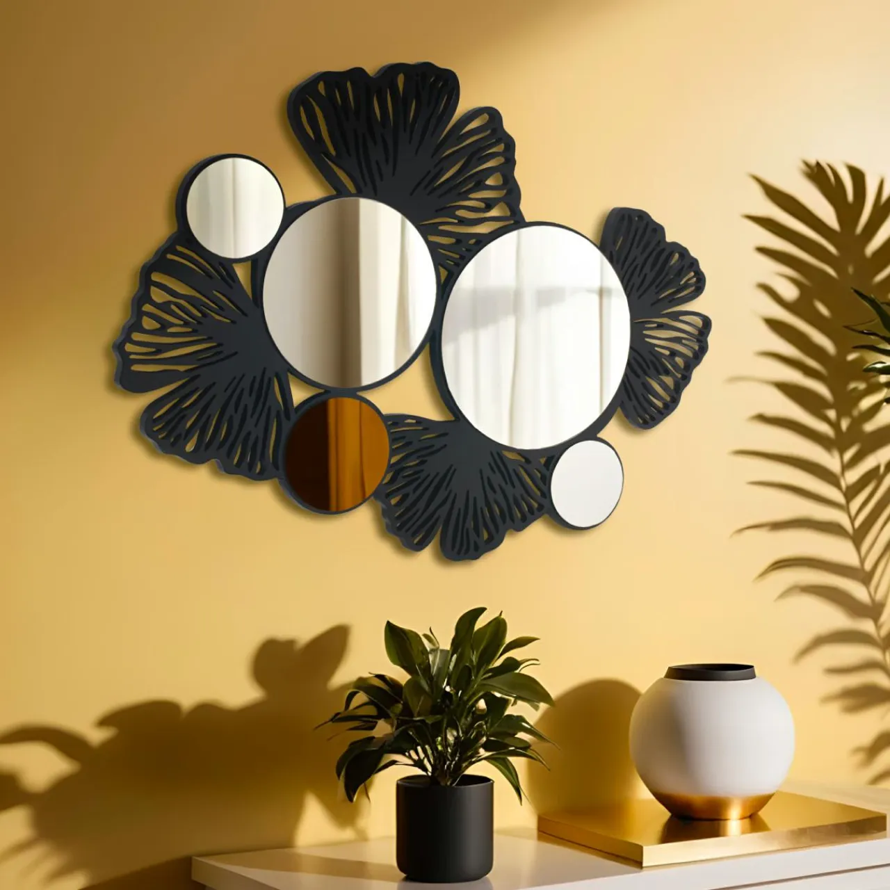 EMINZA Miroir et décoration murale en bois (77 cm) Ginkgo Noir Hot