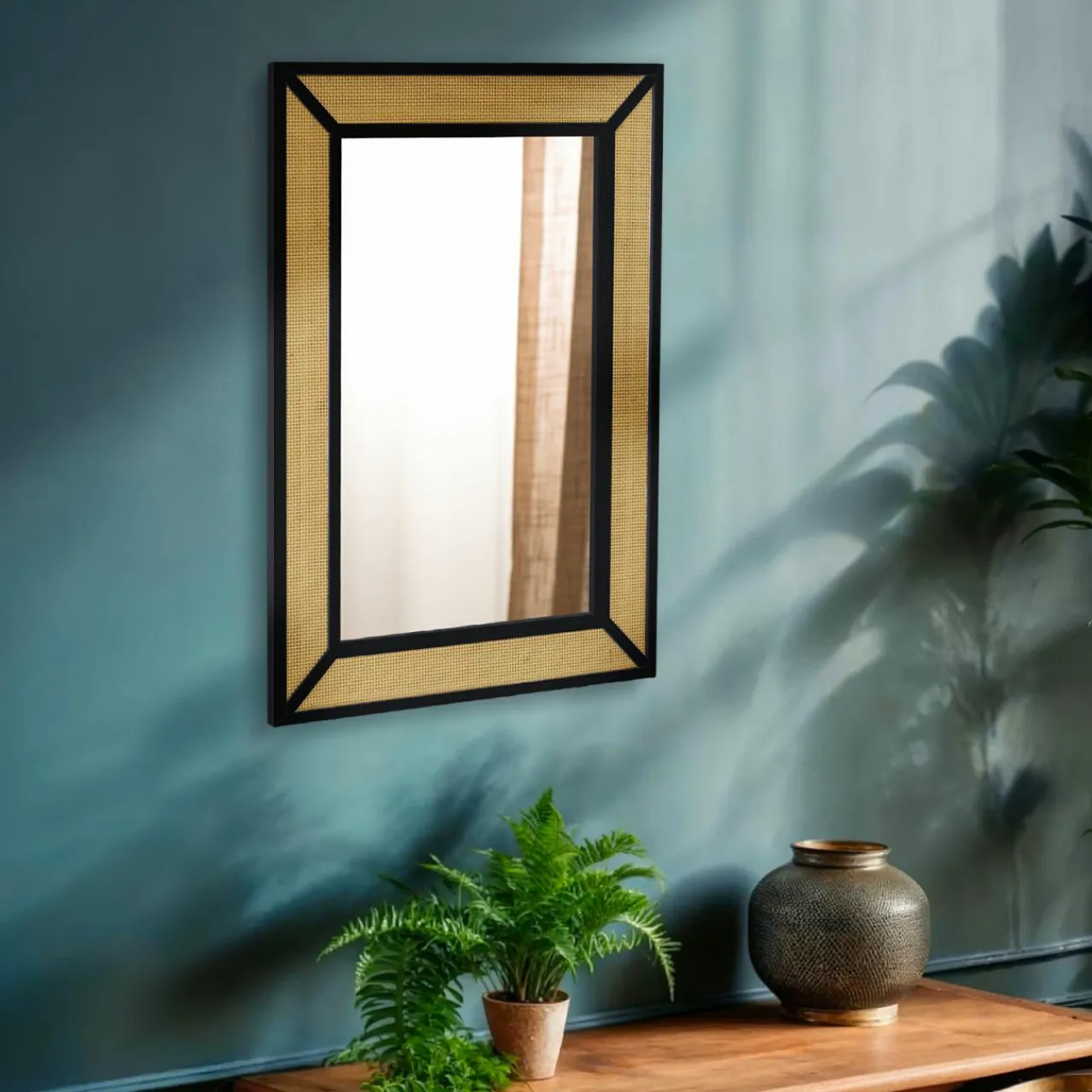 EMINZA Miroir mural en métal (H101 cm) Cannage Naturel et Noir Hot