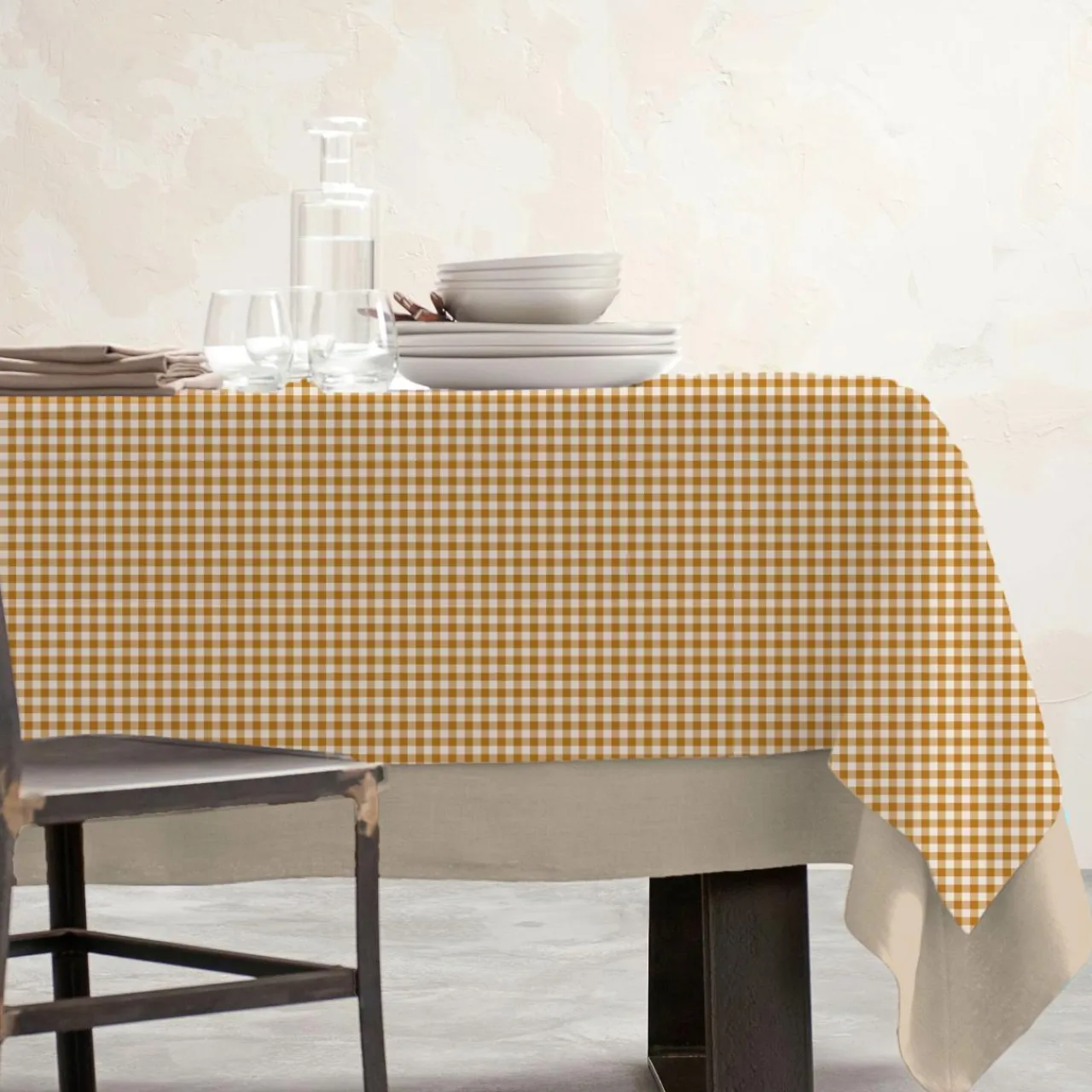 EMINZA Nappe rectangulaire coton enduit (150 x 250 cm) Vichy Jaune moutarde Clearance