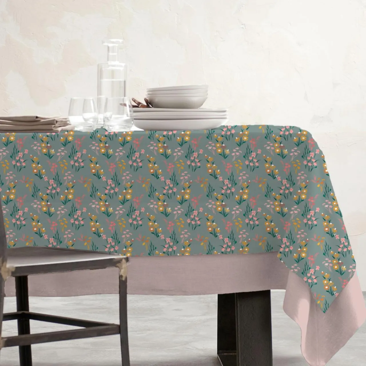 EMINZA Nappe rectangulaire coton enduit (150 x 250 cm) Juliette Vert Eucalyptus