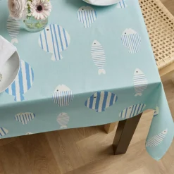 EMINZA Nappe rectangulaire coton enduit (150 x 250 cm) Fish e Bleu Discount