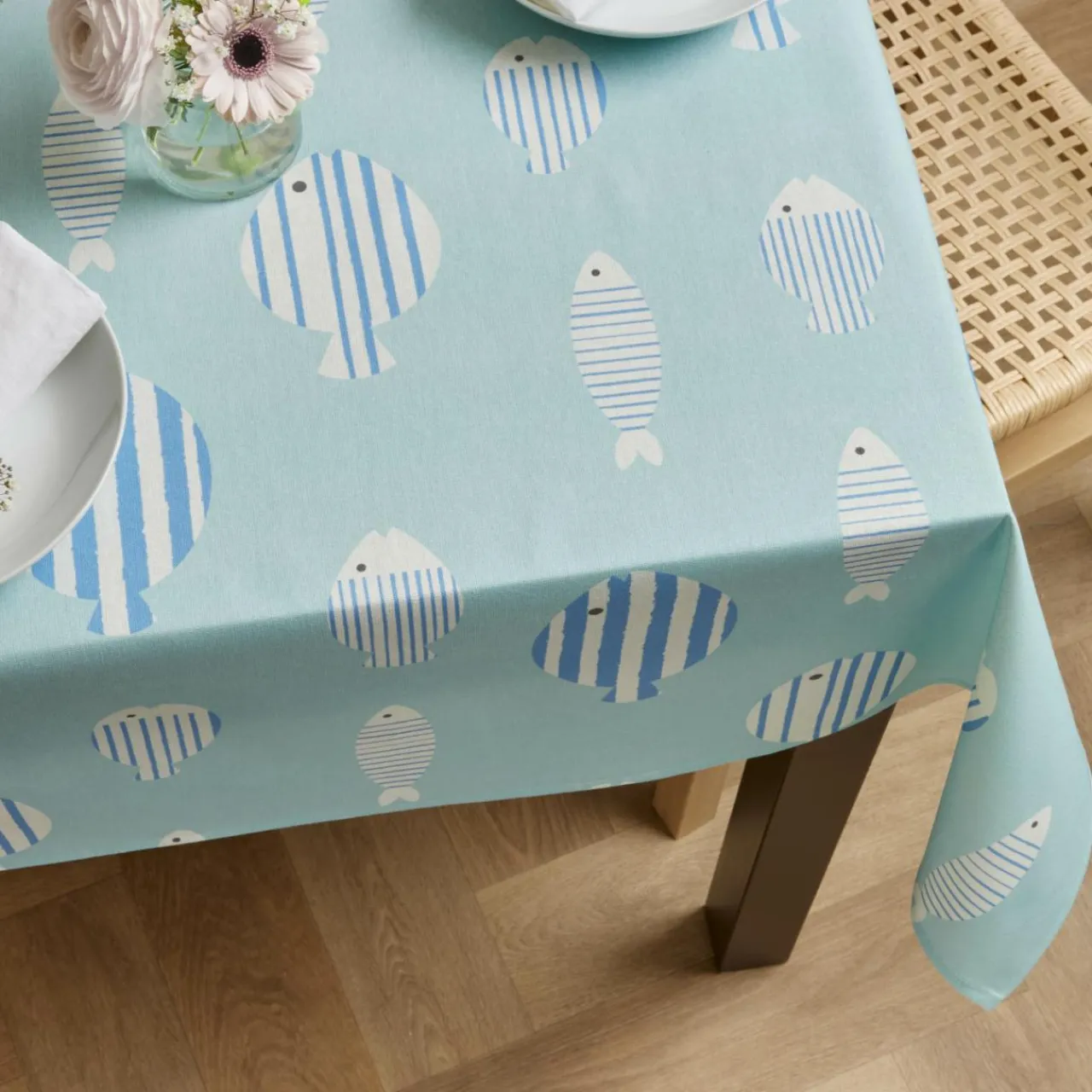EMINZA Nappe rectangulaire coton enduit (150 x 250 cm) Fish e Bleu Discount
