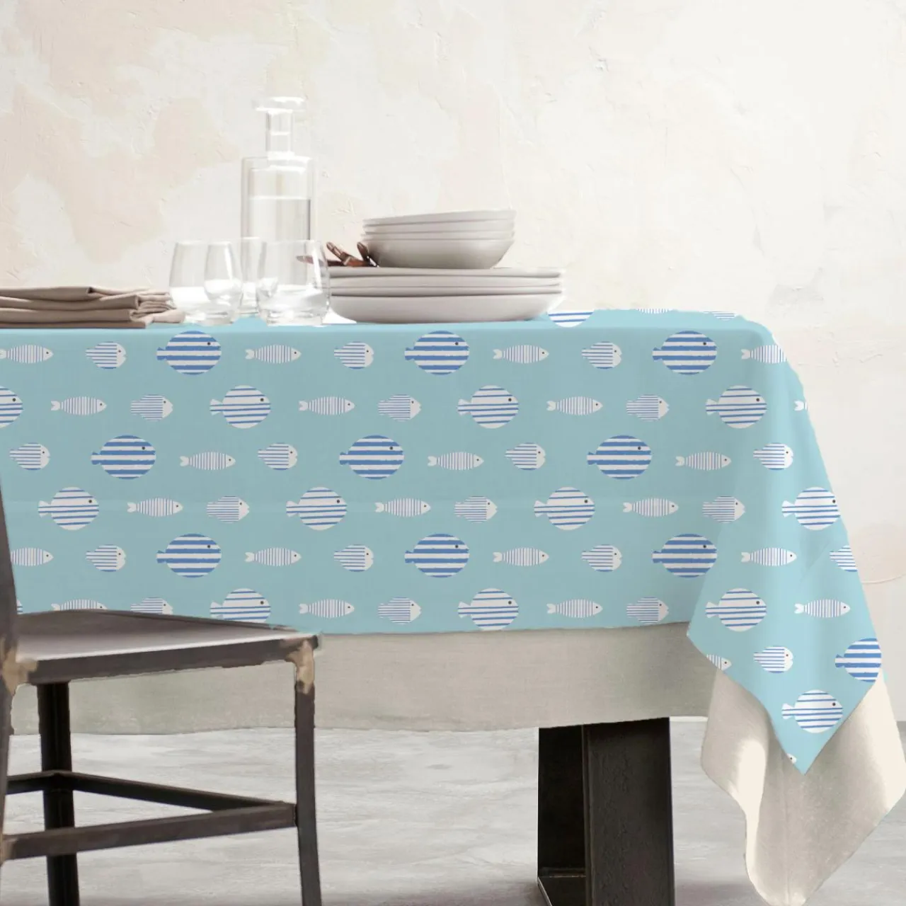 EMINZA Nappe rectangulaire coton enduit (150 x 250 cm) Fish e Bleu Discount