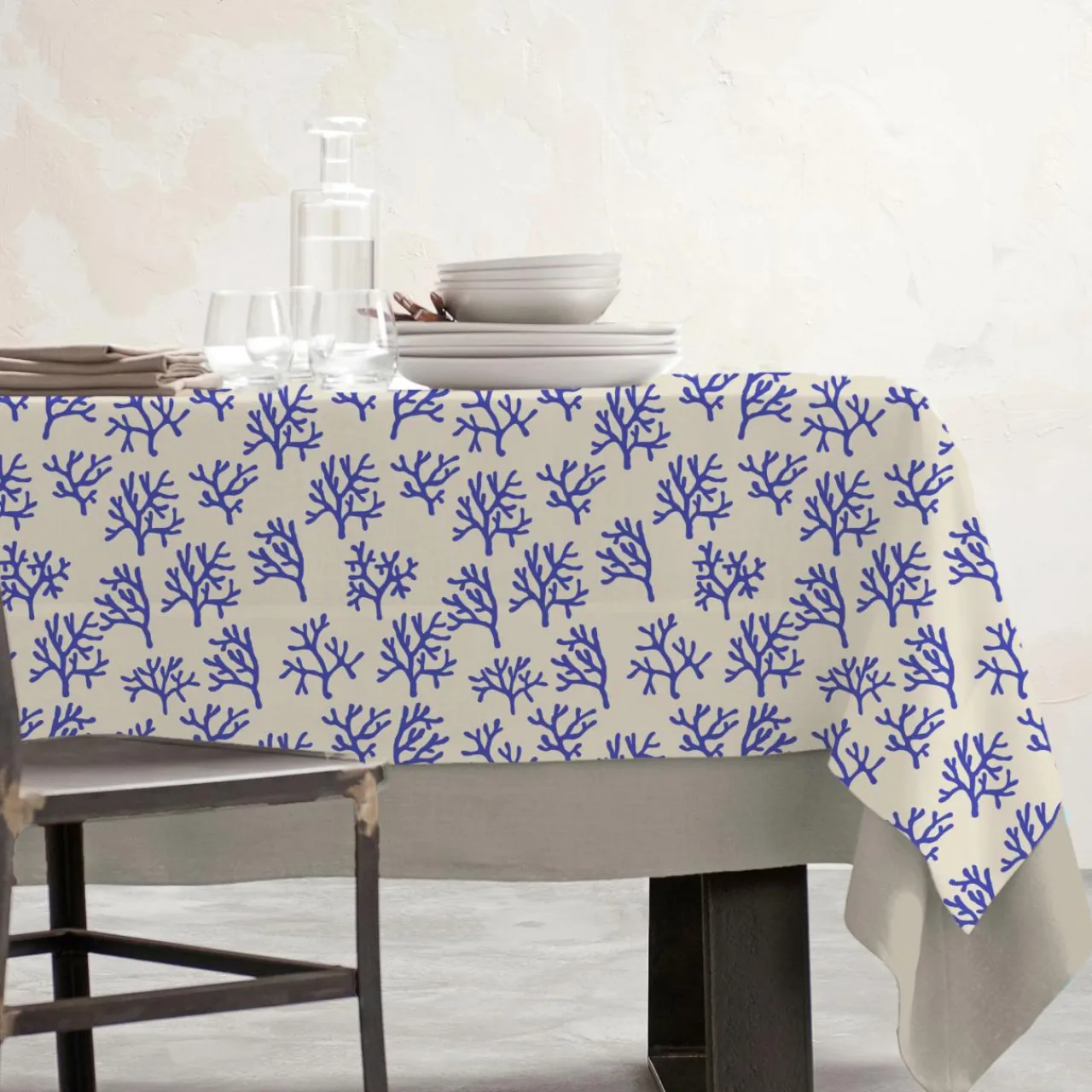 EMINZA Nappe rectangulaire coton enduit (150 x 350 cm) Moorea e Bleu