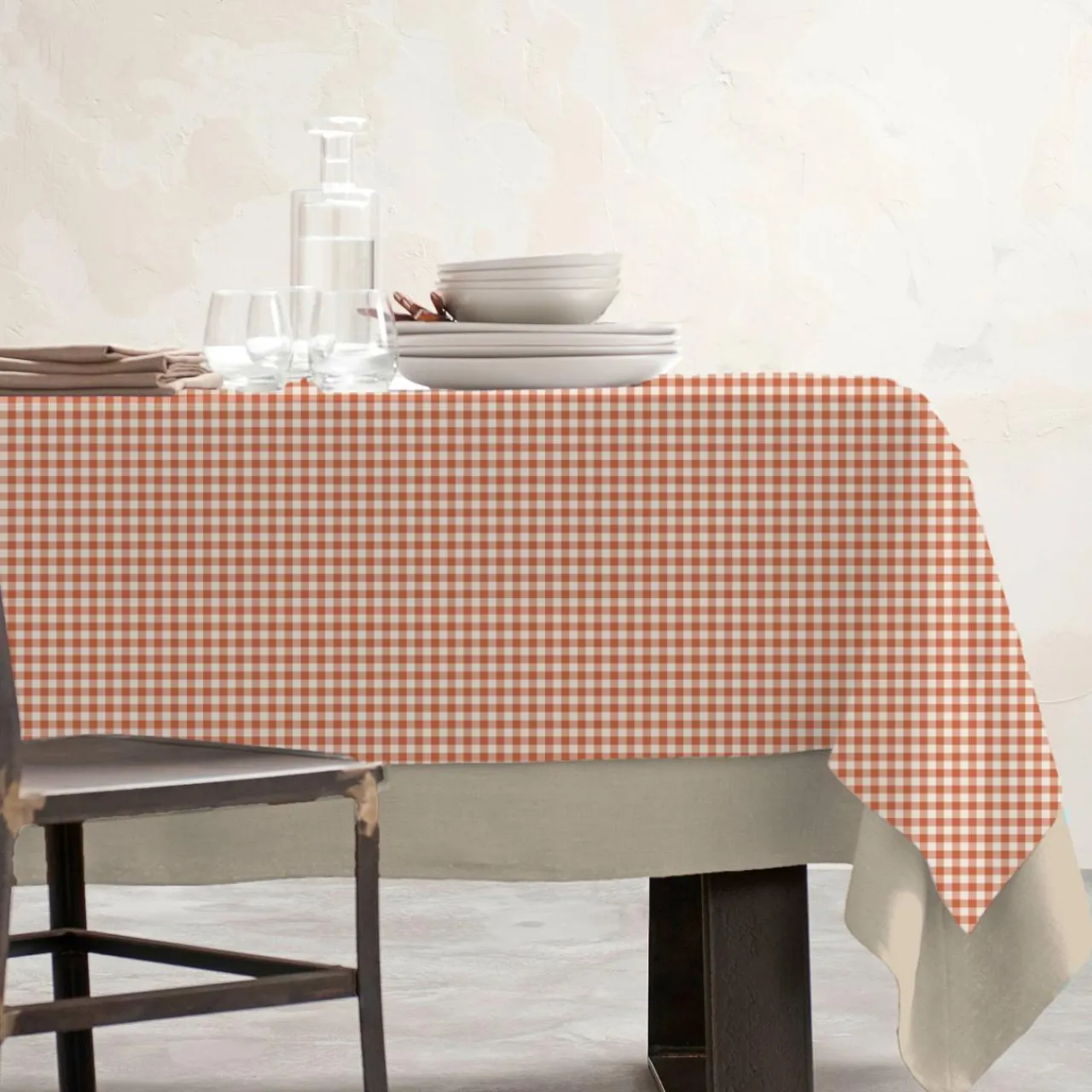 EMINZA Nappe rectangulaire coton enduit (150 x 250 cm) Vichy Terracotta