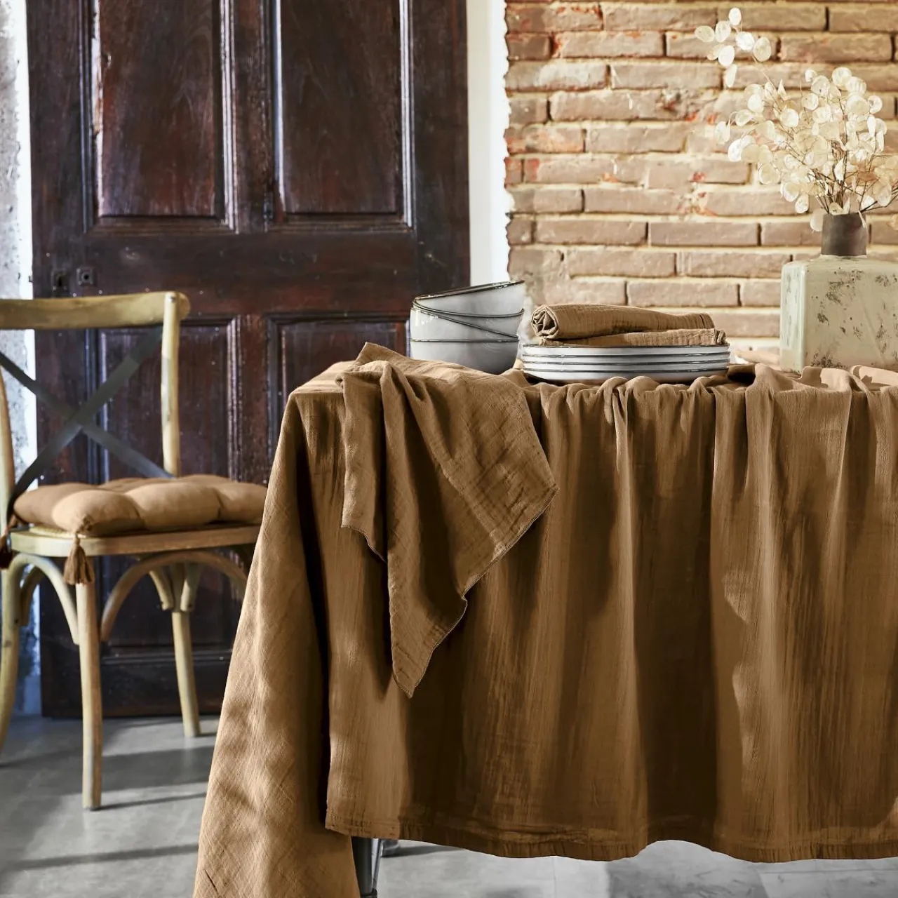 EMINZA Nappe rectangulaire gaze de coton (150 x 350 cm) Gaïa Camel Best