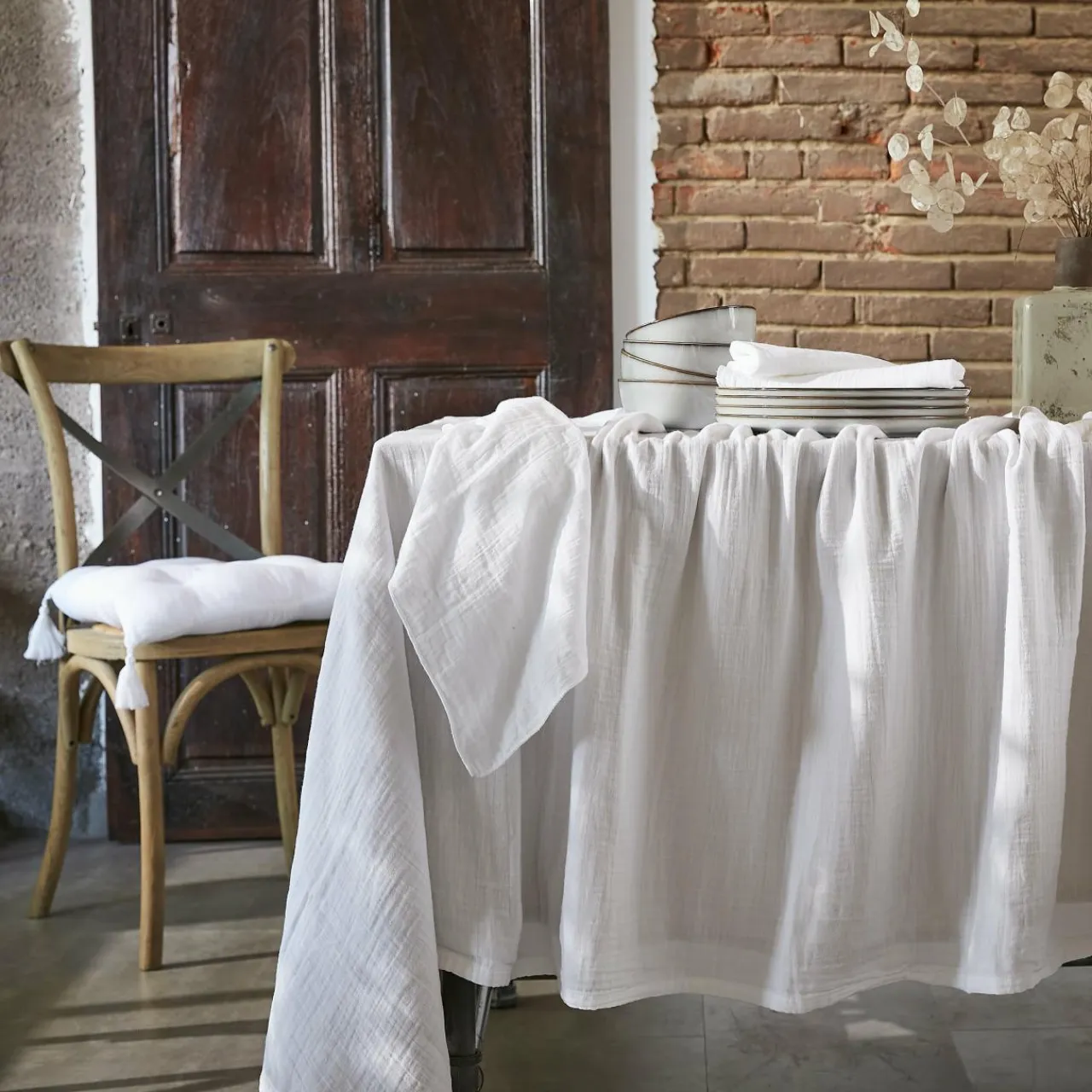 EMINZA Nappe rectangulaire gaze de coton (150 x 250 cm) Gaïa chantilly Blanc Clearance