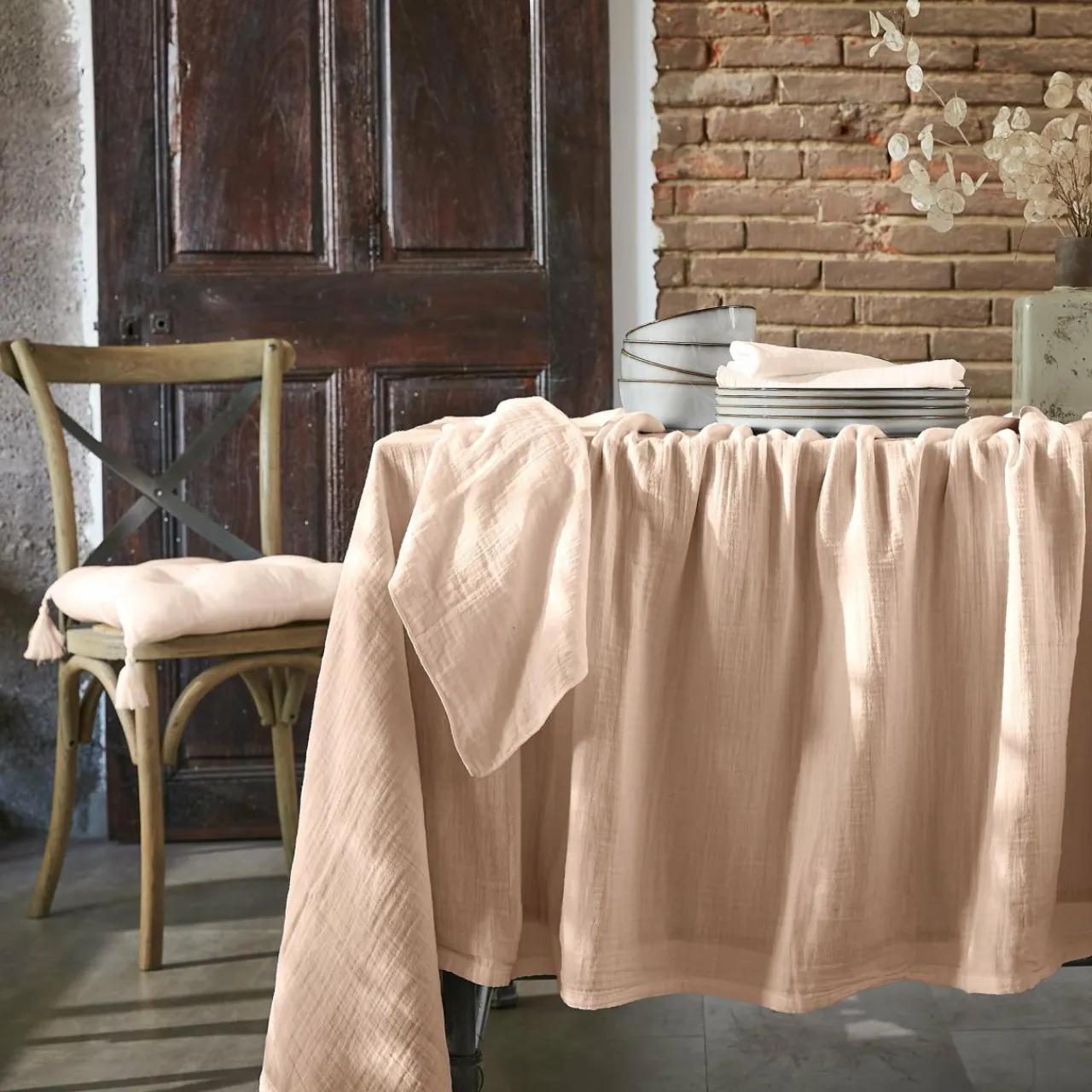 EMINZA Nappe rectangulaire gaze de coton (150 x 250 cm) Gaïa Rose poudré Hot