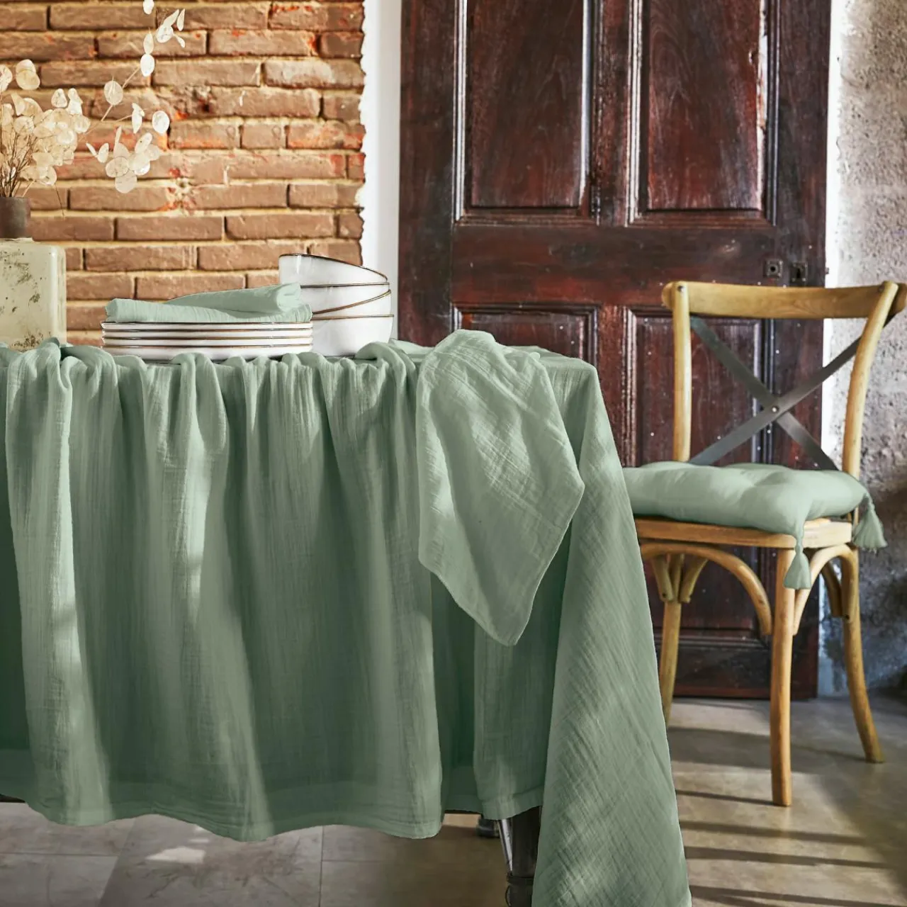 EMINZA Nappe rectangulaire gaze de coton (150 x 350 cm) Gaïa eucalyptus Vert Discount