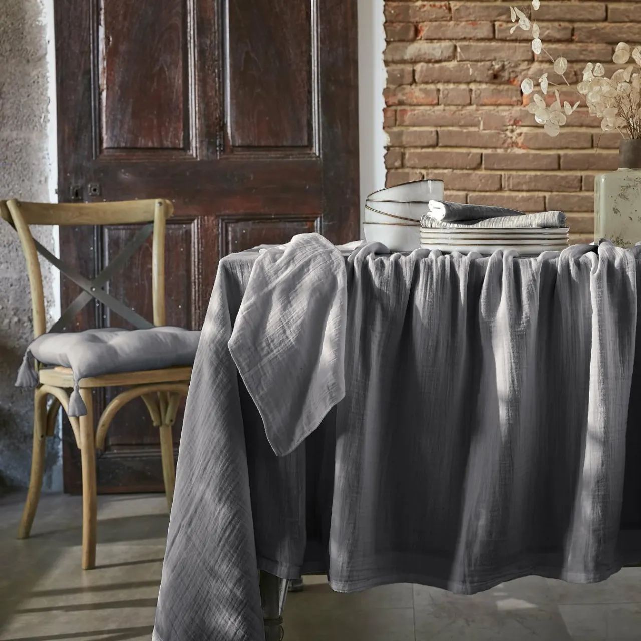 EMINZA Nappe rectangulaire gaze de coton (150 x 350 cm) Gaïa Gris granit Gris foncé Online