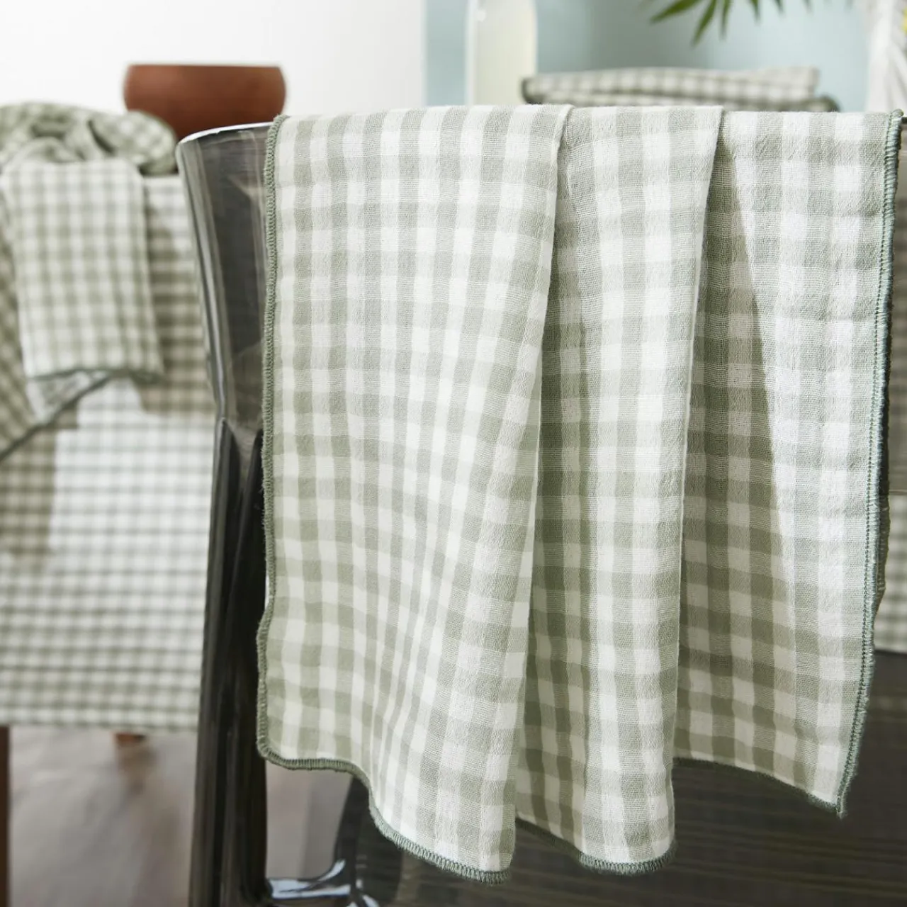 EMINZA Nappe rectangulaire gaze de coton (150 x 250 cm) Gaïa vichy Vert Eucalyptus