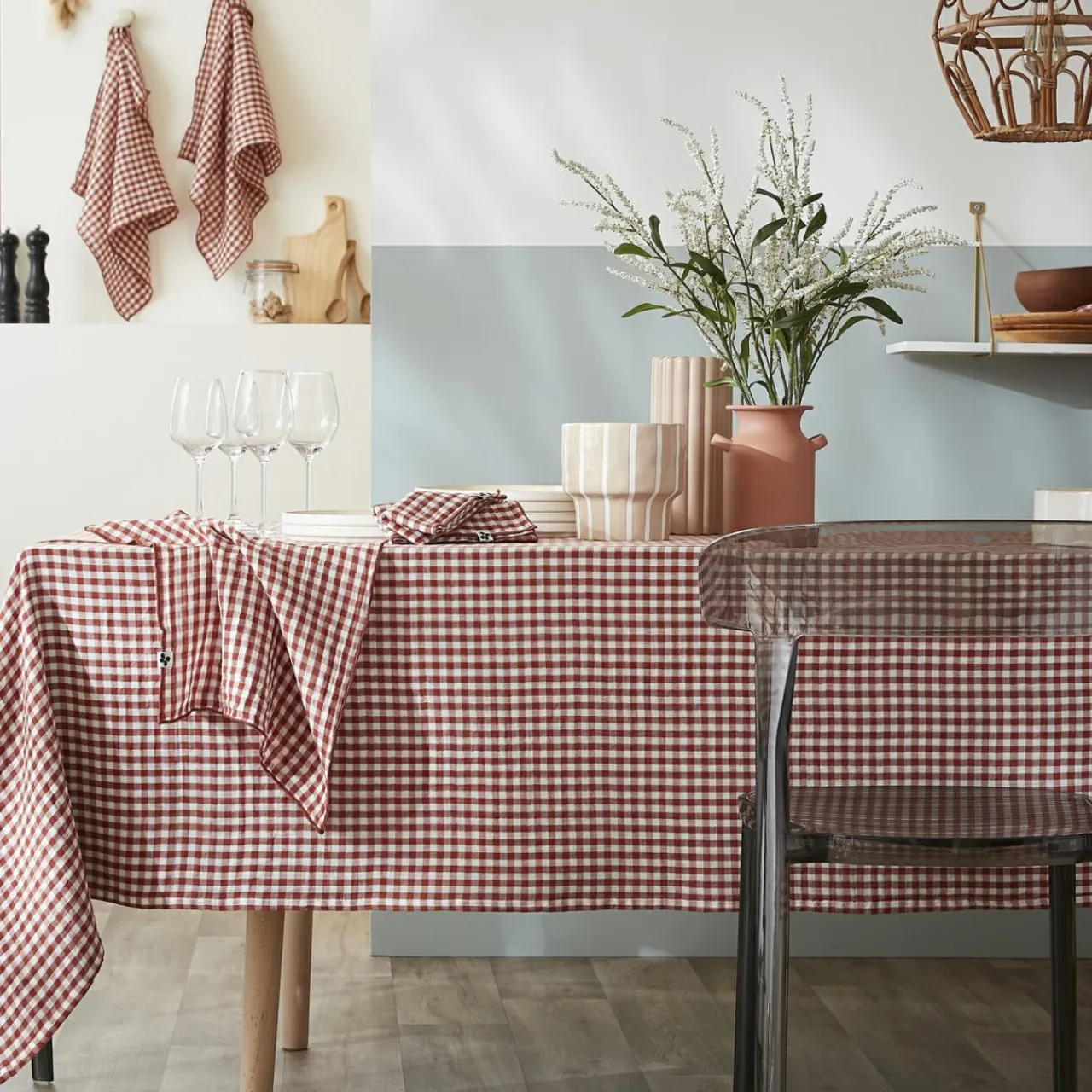 EMINZA Nappe rectangulaire gaze de coton (150 x 350 cm) Gaïa vichy Terracotta New